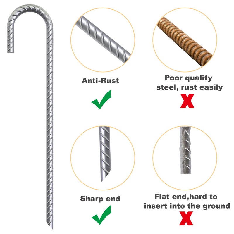 Eurmax USA Trampolines Stakes Heavy Duty Ground Stakes Canopy Parts Wind Stake with Rope 12 Inch Heavy Duty Stake Safety Ground Anchor Galvanized Steel J Shaped, Pack of 4(Silver) - Image 4